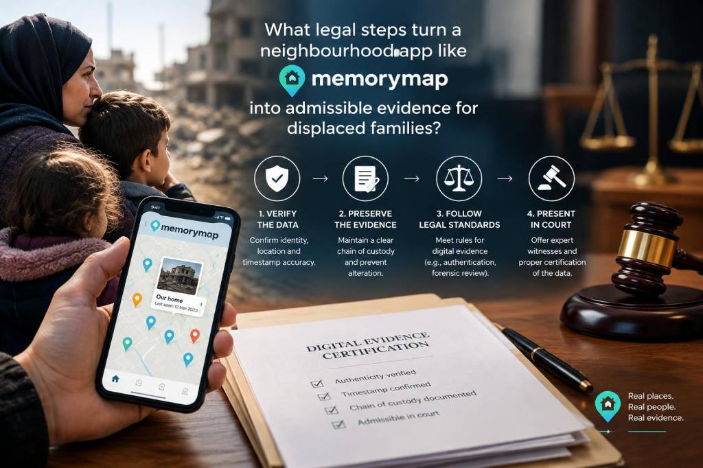 What legal steps turn a neighbourhood app like memorymap into admissible evidence for displaced families?