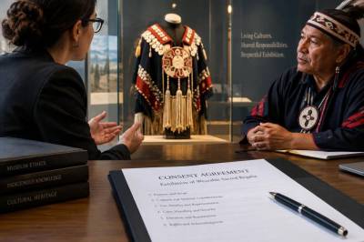 How should curators draft consent agreements when exhibiting wearable sacred regalia lent by living ritual specialists?