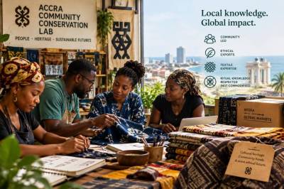How can a community-run conservation lab in accra export ethical textile expertise without commodifying ritual knowledge?